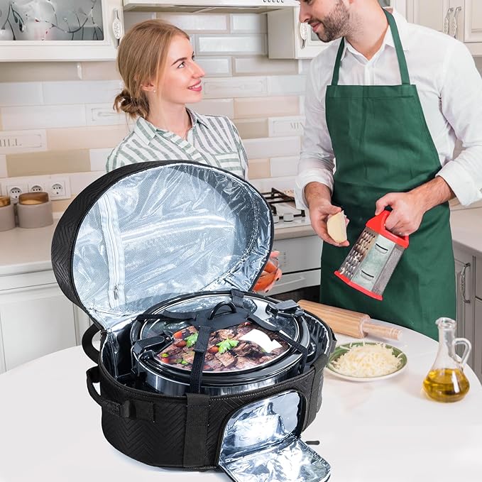 Insulated Slow Cooker Carrying Bag for 6-8 Quart CrockPot and Hamilton Beach Slow Cooker with See-thought Window, Portable Carrier Case with Adjustable Band and Accessory Pocket