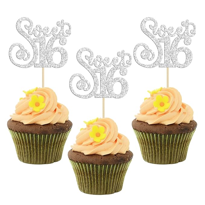 Gyufise 24 Pack Happy Sweet 16 Cupcake Toppers Glitter Sixteen 16th Birthday Cupcake Picks Cheers to 16 Years Old Cupcake Decorations for 16th Birthday Anniversary Party Cake Supplies Silver
