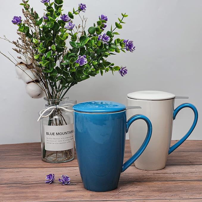 amhomel Porcelain Tea Mug with Infuser and Lid, 16 Ounce Ceramic Tea Cup for Loose Leaf, Coffee, Cocoa and Milk, Tea Gift for Tea Lovers, Set of 2(Blue and White)