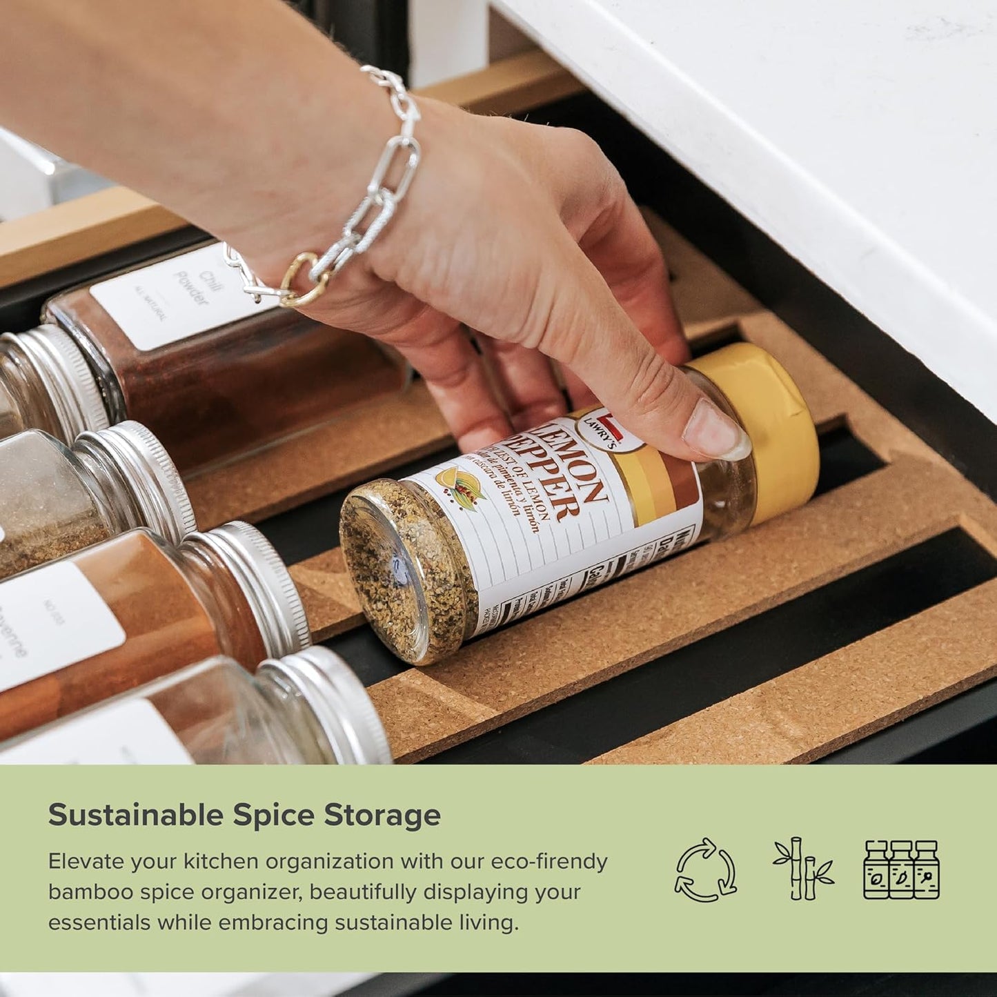 KitchenEdge Spice Drawer Organizer with Expandable Storage. Holds up to 15 Spice Jars (Not Included), Non-Slip Feet, Kitchen Accessory Storage, 100% Sustainable Bamboo Wood, Food-Safe Black Finish