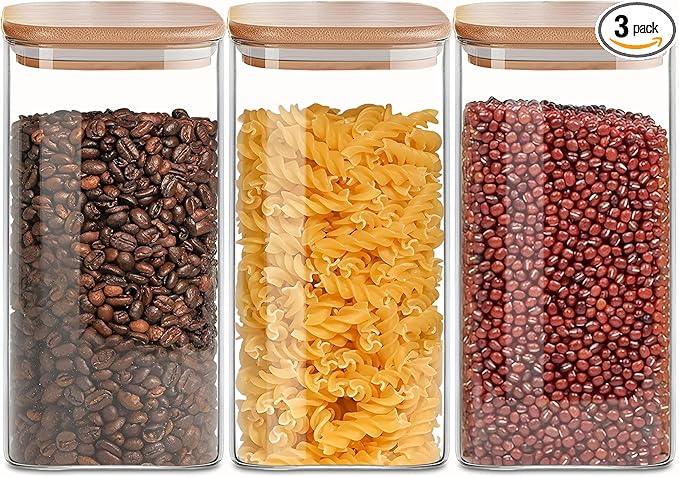 Square Glass Jars Canister with Wood Lid 50 FL OZ [Set of 3], Container Jar with Sealing, Lids for Oat Pasta Flour Cereal Rice Sugar Tea Coffee Beans, Best for Kitchen & Pantry