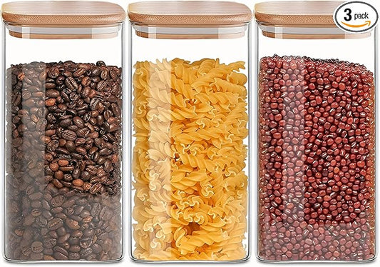 Square Glass Jars Canister with Wood Lid 50 FL OZ [Set of 3], Container Jar with Sealing, Lids for Oat Pasta Flour Cereal Rice Sugar Tea Coffee Beans, Best for Kitchen & Pantry
