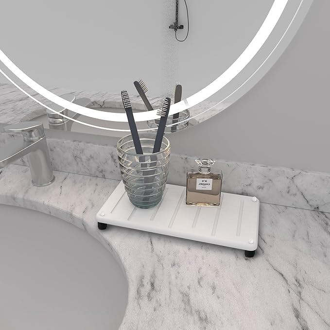 2PCS Water Absorbing Stone Drying Mat for Bathroom Sink & Kitchen Counter Organizer, Instant Dry Soap Dispenser Sponge Holder, Sink Caddy, Vanity Tray (8.66"x4.33"-White)