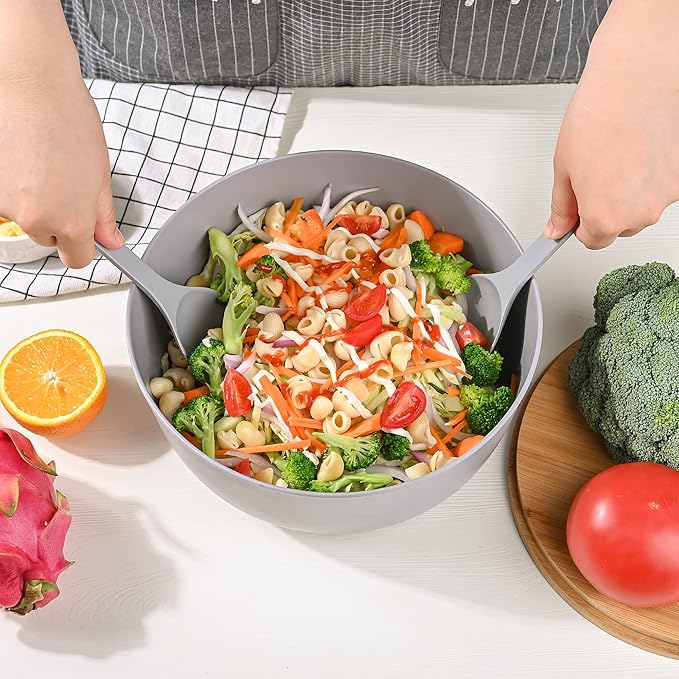 Bamboo Fiber Salad Bowl with Servers Set Large 9.8inches Nature Bamboo Mixing Bowl with Servers with Lid Spoon and Fork for Fruits,Salads and Vegetables