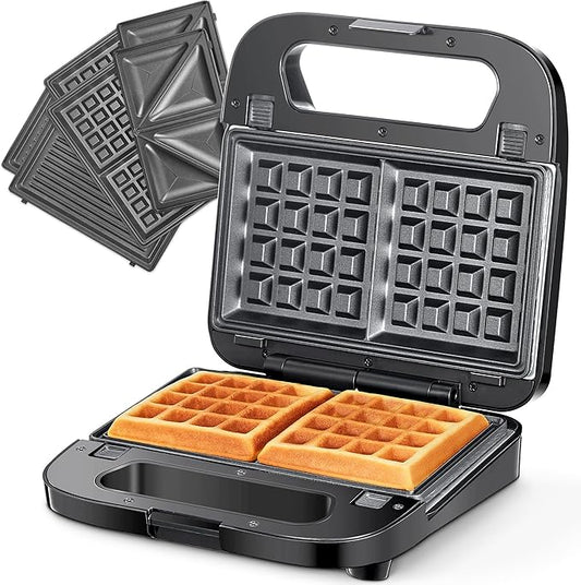 3-in-1 Waffle, Grill & Sandwich Maker, Panini Press Grill and Waffle Iron Set with Removable Non-Stick Plates, Perfect for Cooking Grilled Cheese, Tuna Melts, Burgers, Steaks and Snacks, Black (3 in1 Sandwich Maker All Stainless Steel)