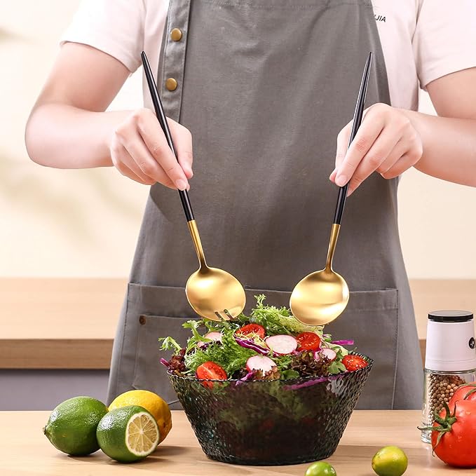 Black Gold Salad Serving Utensils, Stainless Steel Spoons, 2Pcs Long Handle Servers 11.42 Inch, Matte Finish, Dishwasher Safe