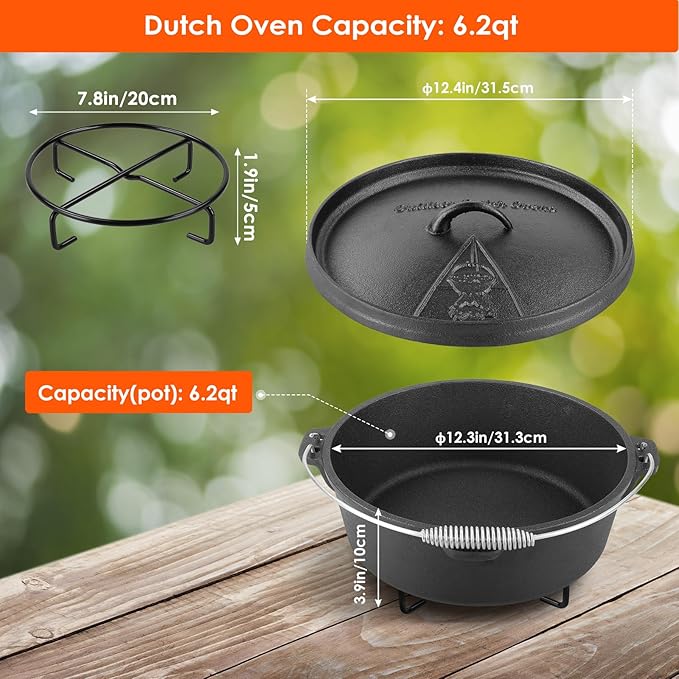 LIFERUN Dutch Oven Pot with Lid, 6.2 Quart Cast Iron Dutch Oven, without Feet, with Stand & Spiral-shaped Handle, Cast Iron Pot for Outdoor & Indoor