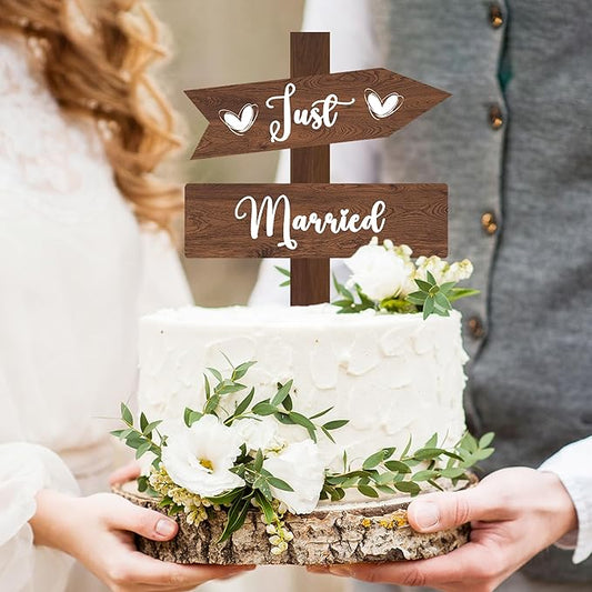 Just Married Cake Topper Rustic Wedding Cake Topper Double-Sided Wood Cake Toppers 7.48'' x 5.12'' Wedding Cake Decoration
