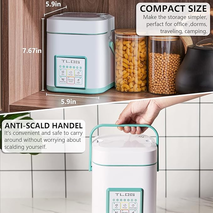 TLOG Mini Rice Cooker 2.5 Cups Uncooked, Healthy Ceramic Coating Portable Rice Maker, 1.2L Travel Rice Pot Small for 1-3 People, Personal Rice maker, Food Steamer, Multi-cooker for Grains, Oats