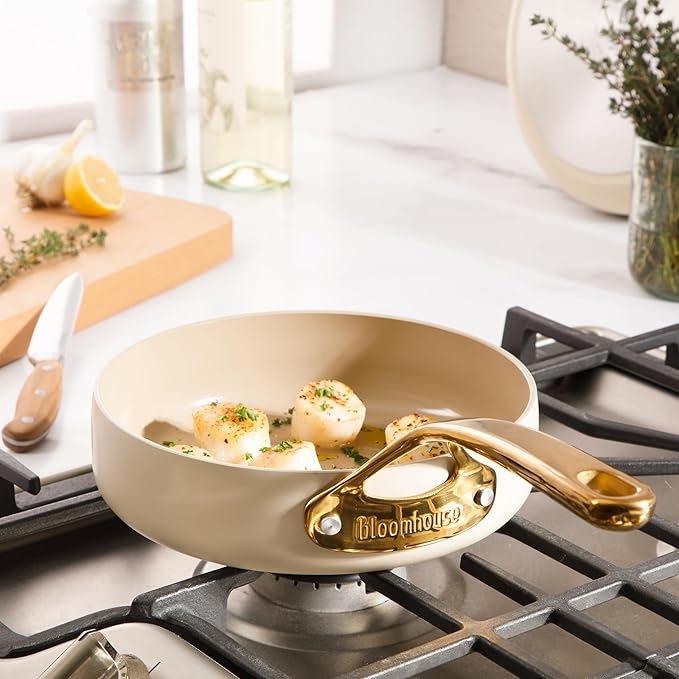 bloomhouse - Oprah's Favorite Things - 8 Inch Heavy Duty Aluminum Premium PFA Free Ceramic Nonstick Saute/Deep Frying Pan Skillet - Almond Cream w/Gold Handle