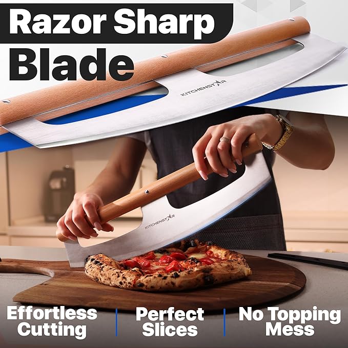 KitchenStar 14-Inch Pizza Cutter Rocker Blade - Razor Sharp Stainless Steel Slicer Knife, Stylish Beech Wood Handle, Protective Cover - Professional Pizza Oven Accessories, Silver