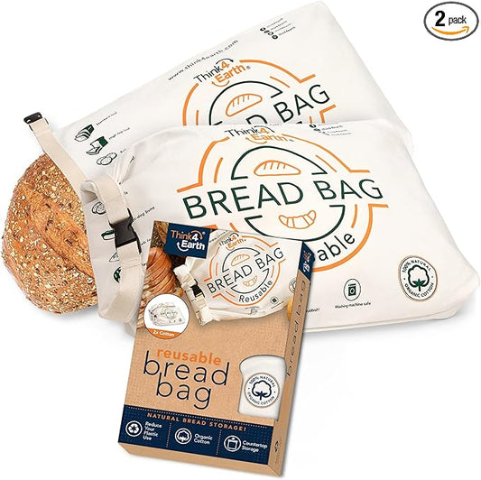 Think4Earth® - Reusable Organic Cotton Bread Bag for Homemade Loaves Large | Premium Quality Storage Bags - Unique Cotton Bags for Sourdough, Safe and Eco-Friendly (2 Units)