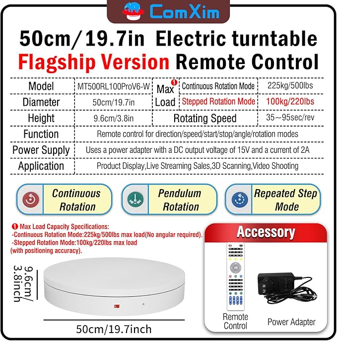 19.7In Remote Large Motorized electric turntable Rotating platform Photography Turntable Motorized lazy susan Base giratoria para for Photography,3D Scanner,Heavy duty display(Load Range:220~500lbs)