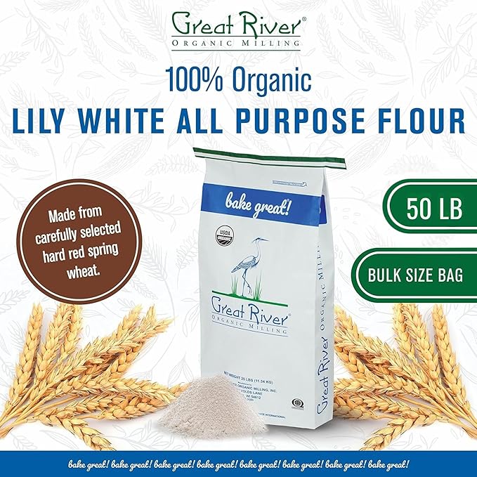 Great River Organic Milling Lily White Organic All-Purpose Flour | Unbleached & Unbromated | Non-GMO, Kosher | Ideal for Bread, Cookies, Cakes, Pizza Dough & Everyday Baking | 50 Lb