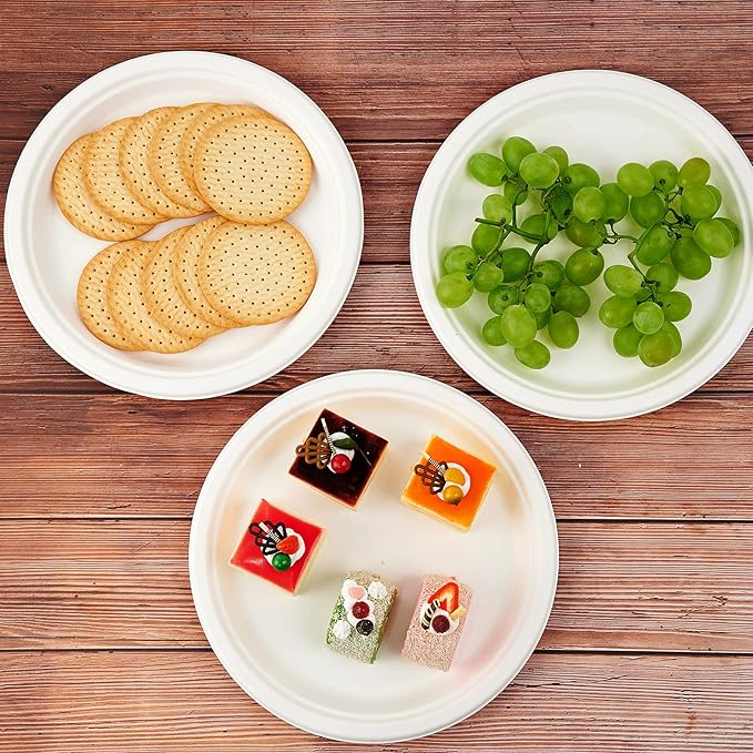 Vplus 150 Pack Compostable Disposable Paper Plates 10.25 inch Super Strong Paper Plates 100% Bagasse Natural Biodegradable Eco-Friendly Sugarcane(white)