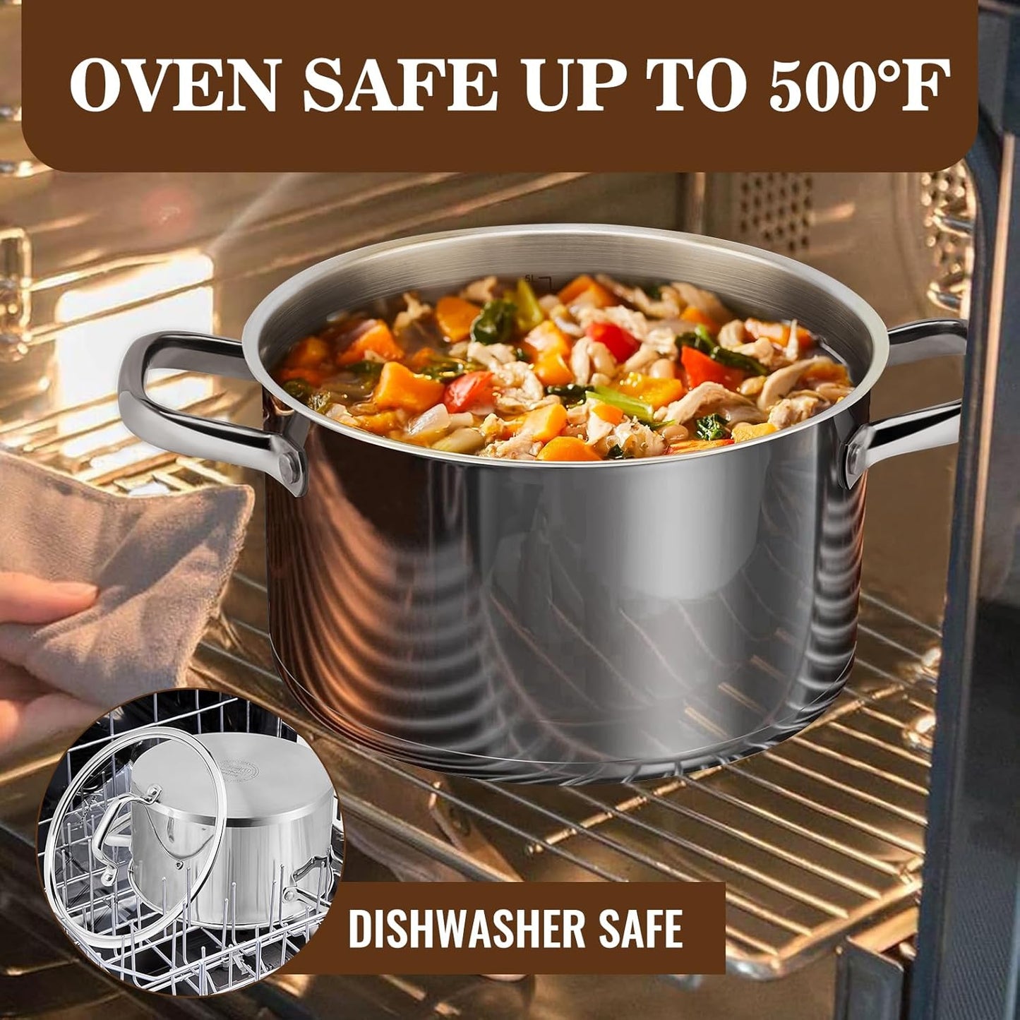 Rorence 6 Quart Stainless Steel Stockpot, Tri-Ply Base Large Pot for Cooking with Lid for Soup, Pasta, Vegetable, Induction Cooking Pot for All Stoves, Oven & Dishwasher Safe