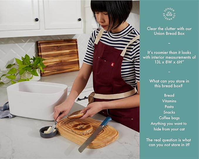 Sonder Los Angeles, Modern Bamboo Fiber and Recycled Plastic Bread Box (White) for Kitchen Countertop with Reversible Cutting Board Lid, Homemade Bread Bin Storage Container 14.25 x 9.25 x 7 in