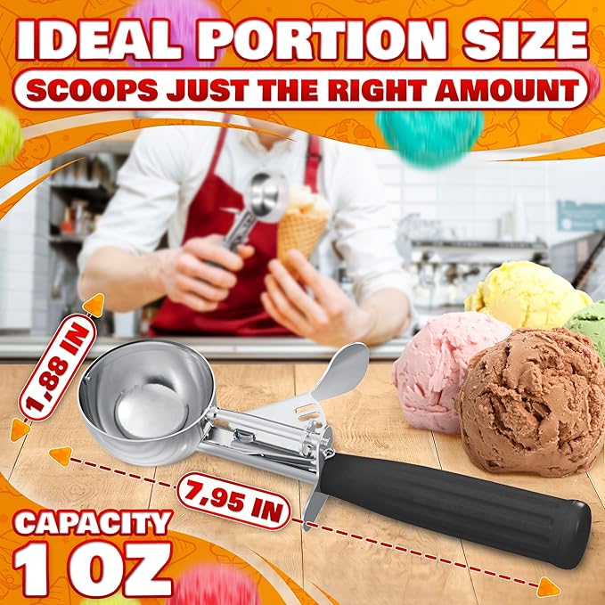 1 Oz Ice Cream Scoop with Trigger #30 - Versatile 1 Oz Scoop for Gelato, Cookie Dough Baking, Sorbet & Meatballs - Rust-Resistant Stainless Steel, Easy to Clean in Dishwasher, Non-Slip Handle