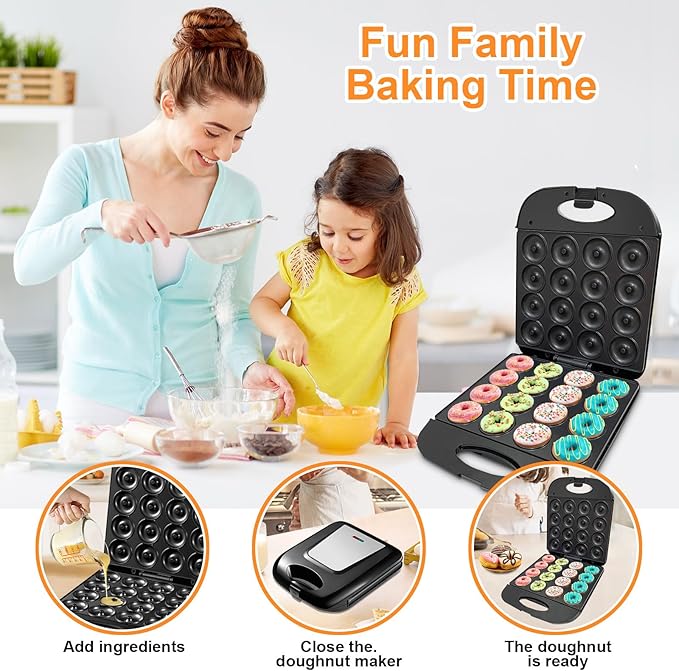 2025 Mini Donut Maker Machine for Home, Kid-Friendly 16-Hole Electric Doughnut and Pancake Maker with Non-Stick Surface, Ideal for Homemade Doughnuts (Black with Mini Oven Gloves & Brush)