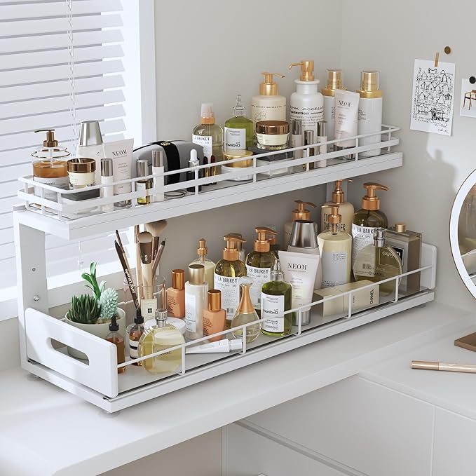 2 Pack 21 IN Depth Pull Out Cabinet Storage With Smooth Rails,2-Tier Dual Pull Out Cabinet Storage For Bathroom Kitchen,Under Sink Shelf-White