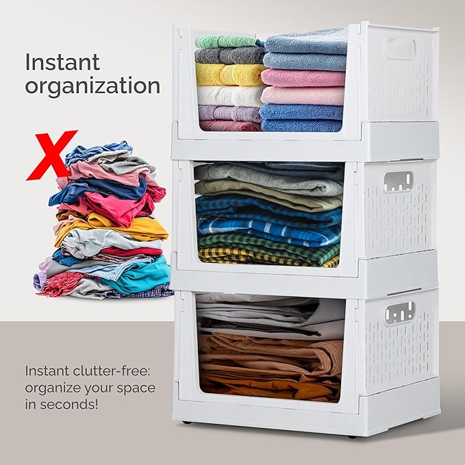 Skywin TidyFriend Stackable Storage Bins with Wheels, 3 Pack Foldable Storage Bins Box, Plastic Shelves Drawer Organizer Container for Closet Office Bedroom Kitchen Bathroom (Ivory)