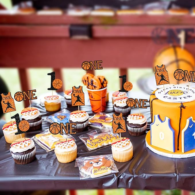 24Pcs Basketball One Cupcake Toppers Glitter Number 1 First Birthday Basketball Cupcake Picks for Sports Theme Baby Shower Kids 1st Birthday Party Cake Decorations Supplies