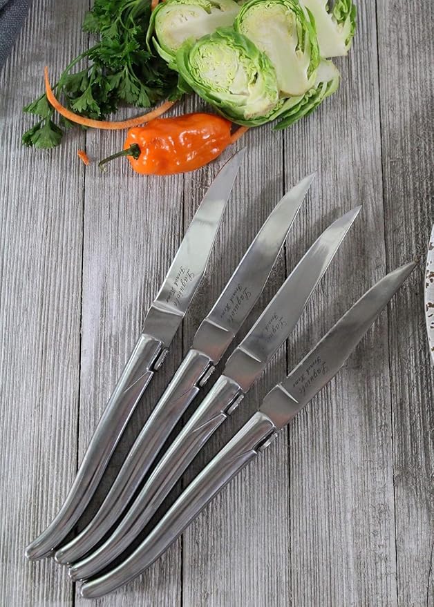 French Home Laguiole Connoisseur 4-Piece Steak Knives – Stainless Steel Dinner Knives with Etched Detailing & Napoleon Bee Emblem Packed in an Elegant Box (9")