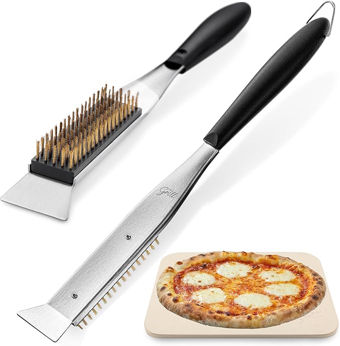 Hans Grill Cleaning Brush and Scraper for Pizza Stone/Oven | 17” 2-in-1 Tool with Non Scratch Heat Proof Brass Bristles and Stainless Steel Scraper | Heat Resistant Brush Head and Handle