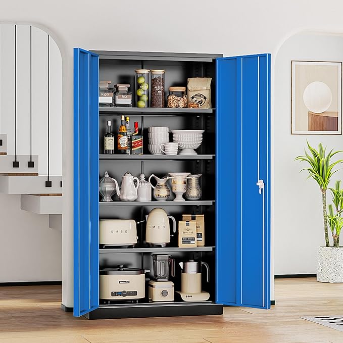INTERGREAT Storage Cabinet, 72” Steel Locking Closet with Doors and 4 Adjustable Shelves, Tool Unit for Home Office, Garage & Tall Lockable File Cabinet, Black Blue.