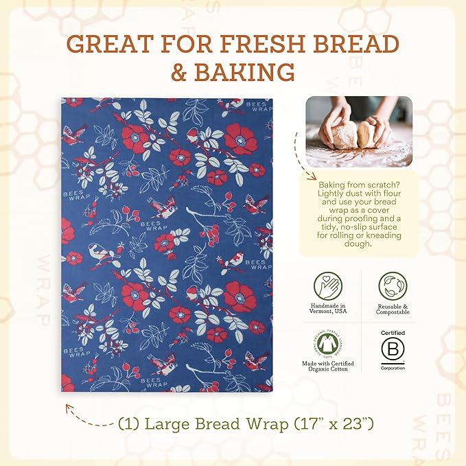 Bee's Wrap Beeswax Wraps for Food - Botanical Bread Wrap - Made in USA Reusable Bread Storage Bags - Organic & Eco-Friendly Alternative to Aluminum Foil, Sourdough Bags & Plastic Wrap