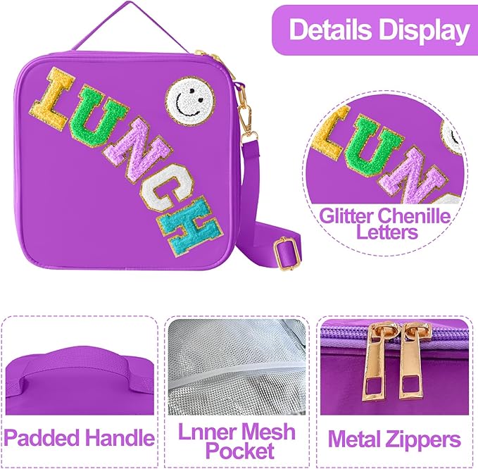 Insulated Lunch Bag With Adjustable Shoulder Strap, Nylon Preppy Lunch Box Large Insulated Lunch Bag Reusable Lunch Tote Bag with Smiley Preppy LunchBag for Girls School Travel Picnic (Dark purple)