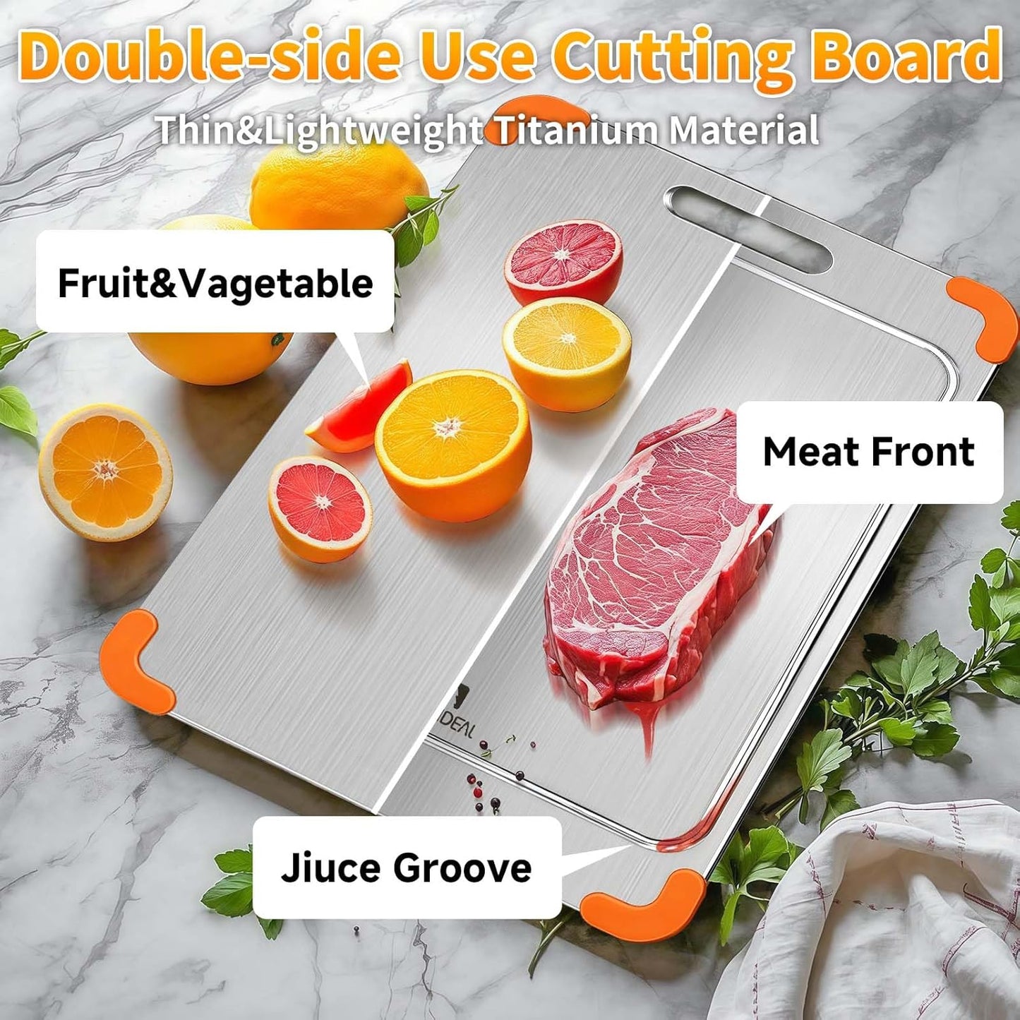 100% Pure Titanium Cutting Board with Grooves, Update Double Side Titanium Chopping Board, Silicone Anti-slip Stainless Cutting Boards for Kitchen 8 * 12 IN, Orange