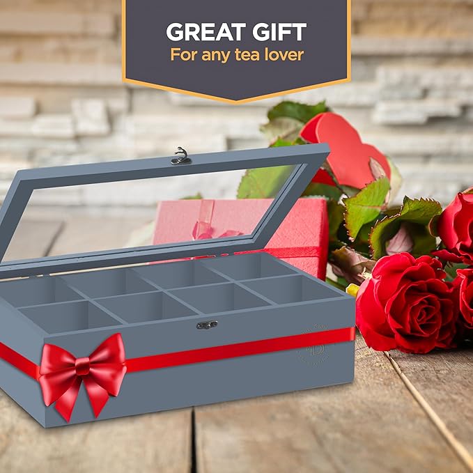 Bambsi Tea Bag Organizer - Bamboo Tea Box Organizer Storage Box, Tea Bag Holder with Acrylic Window, Magnetic Lid Keeps Tea Bags Fresh - Tea Organizer Caddy (Tea Not Included) Christmas Gift - Grey