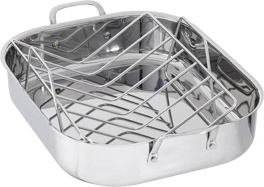 Amazon Basics Stainless Steel Rectangular Roasting Pan with Rack, 16 in