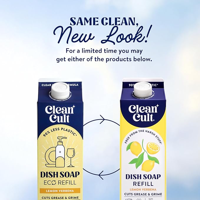 Cleancult Dish Soap Liquid Refills - Plant Based Cleaning Power - Cuts Grease & Grime - Free of Harsh Chemicals - Uses 90% Less Plastic - Lemon Verbena - 32 oz/3 Pack