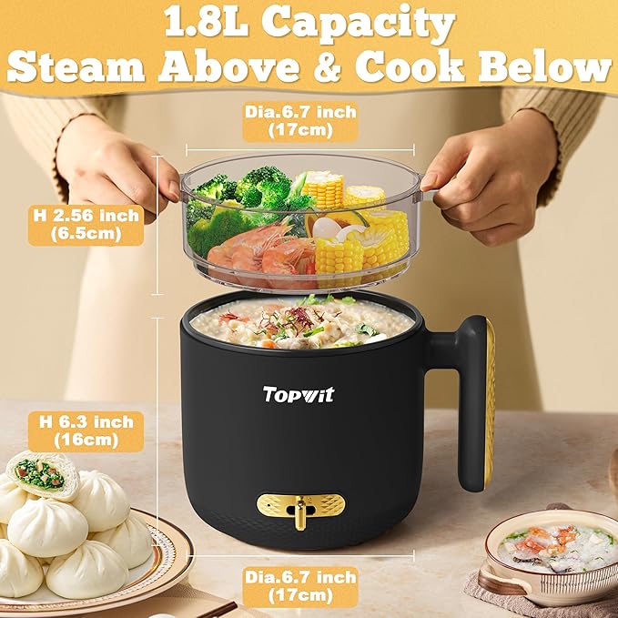 Topwit Hot Pot Electric with Steamer, 1.8L Ramen Cooker, Portable Electric Pot for Cooking, Multifunctional Cooker for Steak, Egg, Soup, Noodle with Power Adjustment, Dorm Room Essential, Black