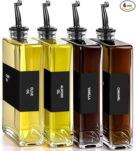 Olive Oil Dispenser Bottle - Includes 44 Kitchen Essential Labels - Cooking Oil Bottles for Kitchen, Coffee Syrup Dispenser - Pourer Spout with 11.8 fl oz Glass Container Cruet - 4pcs, Black