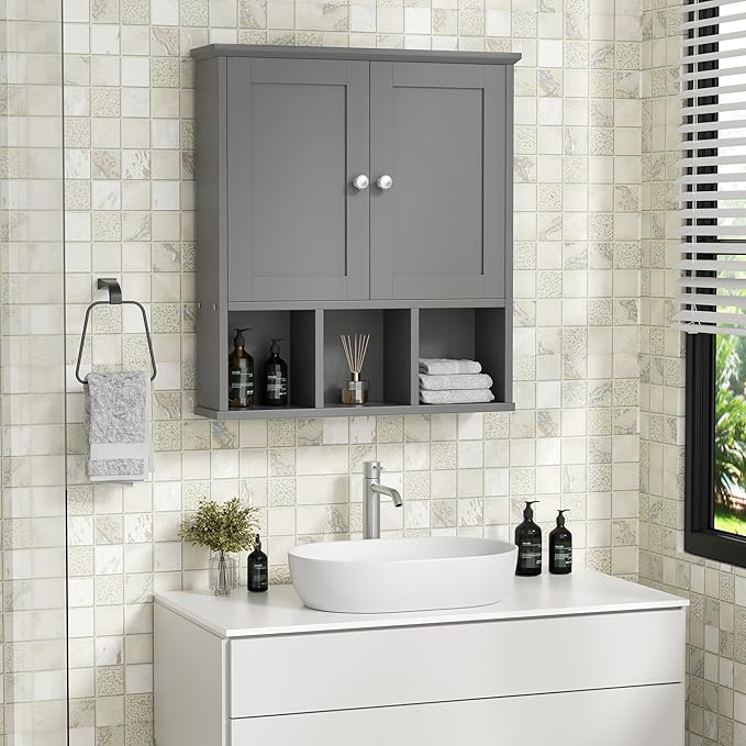 Shintenchi Bathroom Wall Cabinet with Door, Storage Organizer Over The Toilet Medicine, Space Saving with Adjustable & Open Shelf, Gray