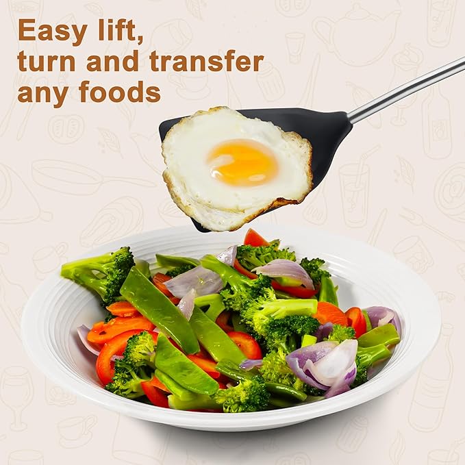 FJNATINH Silicone Spatulas and Turner Set - Stainless Steel Wok Tools, Wok Utensil, Heat Resistant Rubber Spatulas for Fish, Eggs, Pancakes, Wok,2 Pack