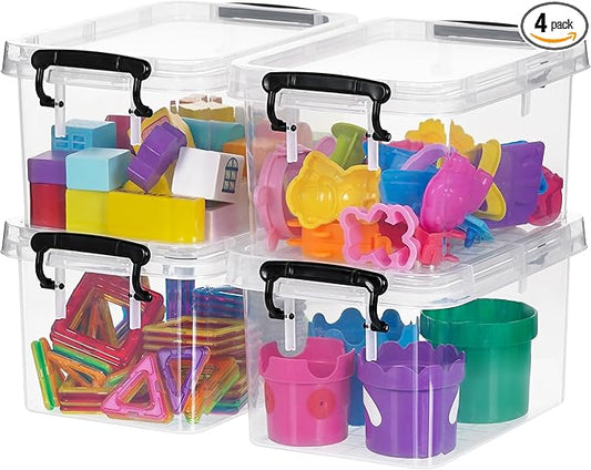 ITYLIFE CITYLIFE 4 Packs 3.5 QT Small Storage Bins with Black Handle Clear Plastic Bins with Reinforce Bottom Stackable Storage Containers for Organizing Art Supply, Craft Stuff, Markers, Small Toys