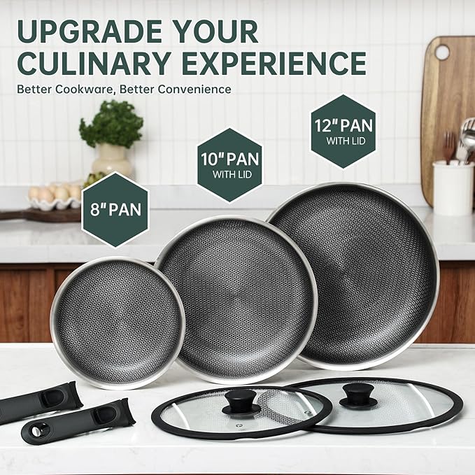 ROYDX Hybrid Nonstick 7-Piece Fry Pan Set,8, 10 and 12-Inch Frying Pans with Removable Handles,Save Space,Non Stick Stainless Steel Skillets,Dishwasher&Oven Safe, Compatible with All Cooktops