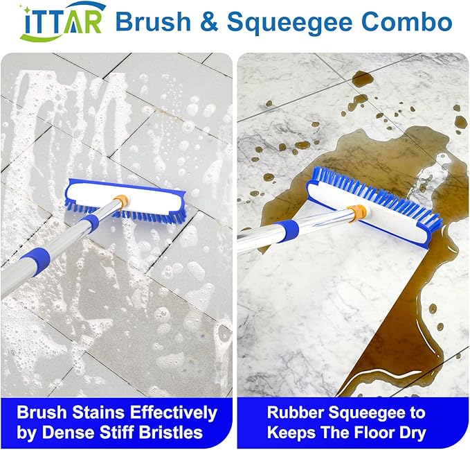 ITTAR 12" Wide Floor Scrub Brush with Long Handle, 2-in-1 Deck Cleaning Brush with 55" Extendable Pole, Heavy-Duty Tub Tile Scrubber Cleaner Brush for Shower Floor, Kitchen, Patio, Garage, Restaurant