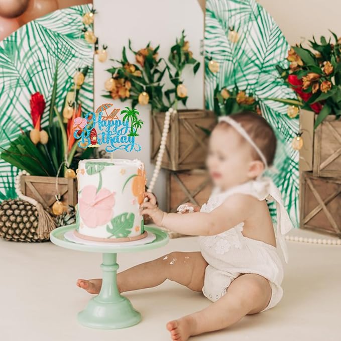 Gyufise 1Pcs Summer Beach Happy Birthday Cake Topper Glitter Ball Tree Umbrella Pool Cake Pick for Hawaiian Holiday Baby Shower Birthday Party Cake Decorations Supplies Blue