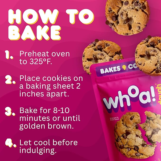 Whoa Dough Ready to Bake Cookie Dough Chocolate Chip – Certified Non-GMO, Kosher, Gluten Free – Plant-Based Snack Dough Made with Real Ingredients – 12 Pack