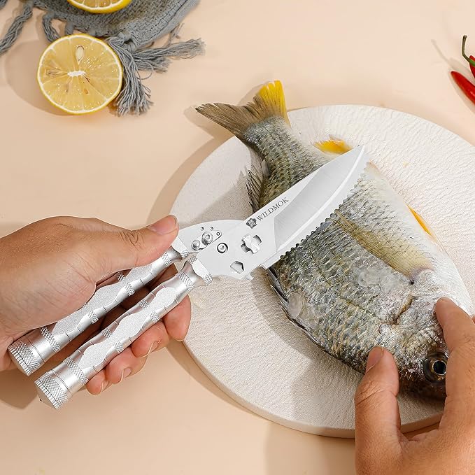 WILDMOK Heavy Duty Poultry Shears - 8.5 Inch Multi-function Stainless Steel Poultry Outdoor Shears, Ultra Sharp Kitchen Scissors for Outdoor Camp, White