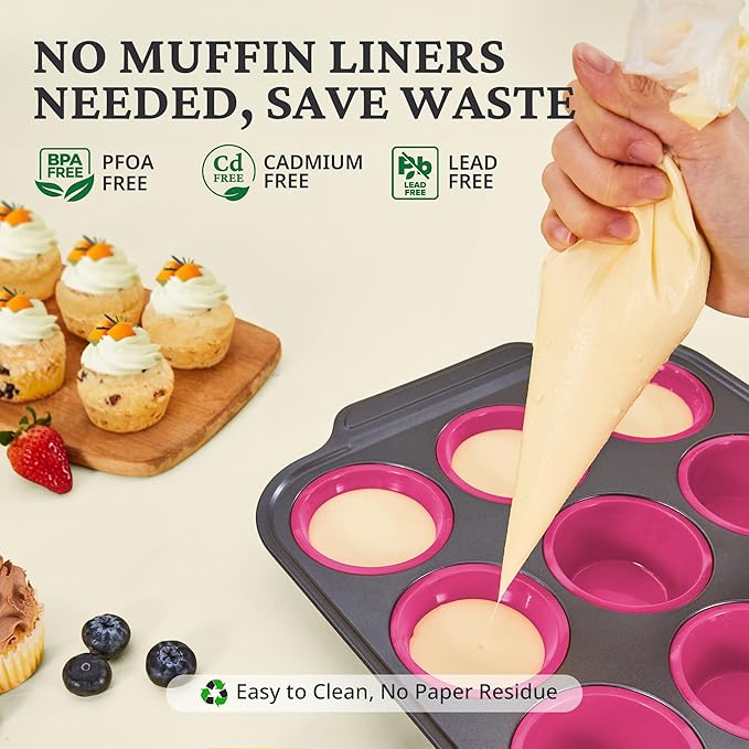 BRONYPRO Silicone Muffin Pans for Baking with Metal Frame, Egg Bite Molds, Cupcake Pans 12 Regular Size, Muffin Tins Easy to Pop Nonstick Non Toxic Bakeware for Oven,Rose Pink