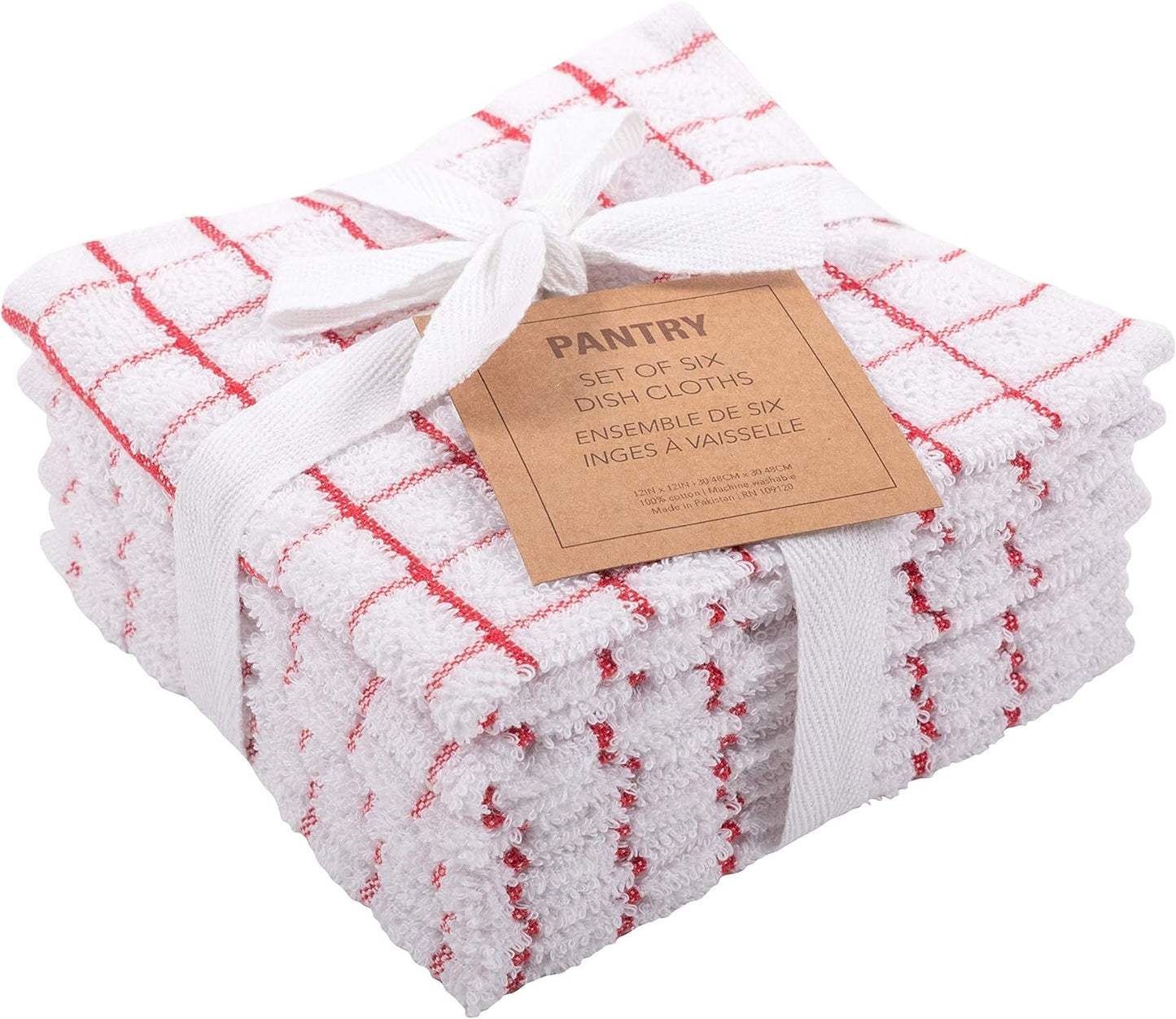 KAF Home Pantry 100% Cotton Checkered Grid Dish Cloths | Set of 6, 12 x 12 Inches | Absorbent and Machine Washable | Perfect for Cleaning Counters, and Any Household Spills - Red