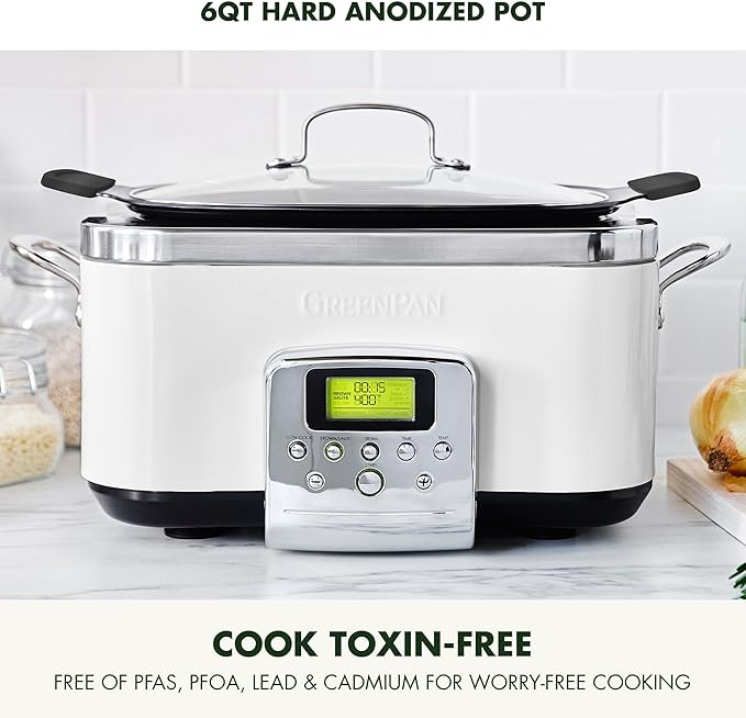 GreenPan Elite 8-in-1 Programmable 6QT Electric Slow Cooker, Dishwasher Safe Lid & Removable Crock, PFAS-Free Healthy Ceramic Nonstick Multi-Cooker, Sear, Sauté, Brown, Steam Basket, Roast, White