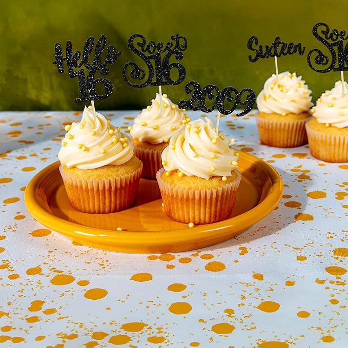 Gyufise 24Pcs Happy 16th Birthday Cupcake Toppers Glitter Hello 16 Sweet 16 Cupcake Picks 2009 Sixteen Old Birthday Cake Decorations for 16th Birthday Anniversary Party Supplies Black