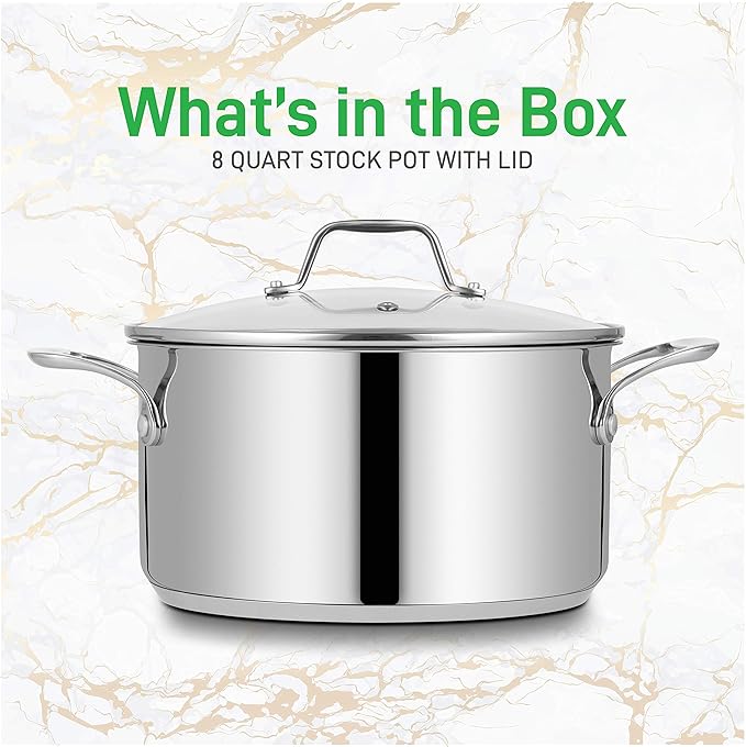 NutriChef 8-Quart Stainless Steel Stock Pot - 18/8 Food Grade Stainless Steel Heavy Duty Induction - Stock Pot, Stew Pot, Simmering Pot with See-Through Lid, Dishwasher Safe - NCSP8